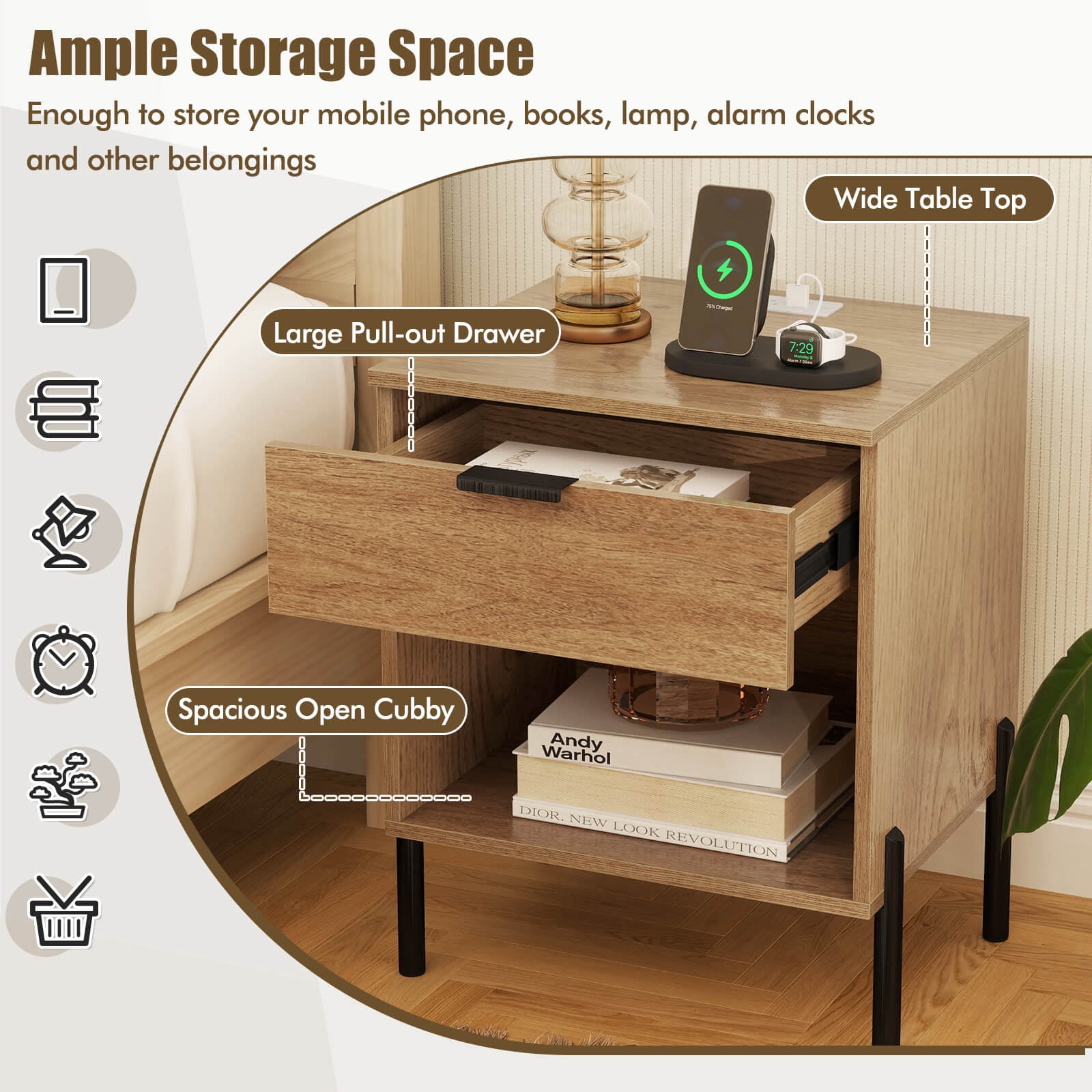Costway 1PC Nightstand with Charging Station Drawer Compartment Modern Side End Table