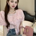thumbnail image 2 of Blusas Rimocy de moda con cuello redondo y cuentas para mujer, blusas rosas de manga corta coreanas de verano para mujer, blusas cortas elegantes con perlas y botones., 2 of 6