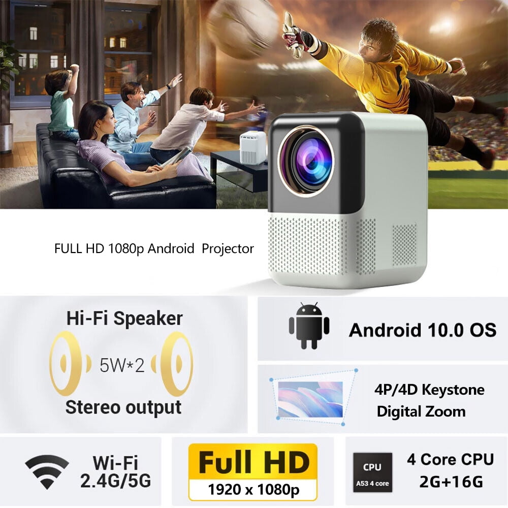 TROISC IOTA, Portable Projector Android TV WiFi 5G 1080P FULL HD 5000 Lumens 120" Home Theater Digital Zoom 4P/4D Keystone Correction Bluetooth