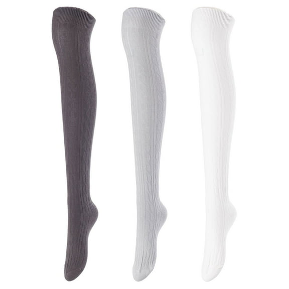 Lovely Annie Women's 3 Pairs Incredible Durable Super Soft Unique Over Knee High Thigh High Cotton Socks Size 6-9 A1024Dark Grey,Grey,Cream