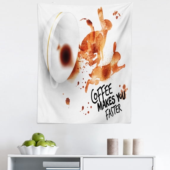 Coffee Art Tapestry, Drink and Be Inspired Coffee Makes You Faster Words Espresso Stain, Fabric Wall Hanging Decor for Bedroom Living Room Dorm, 5 Sizes, Burnt Sienna Black White, by Ambesonne