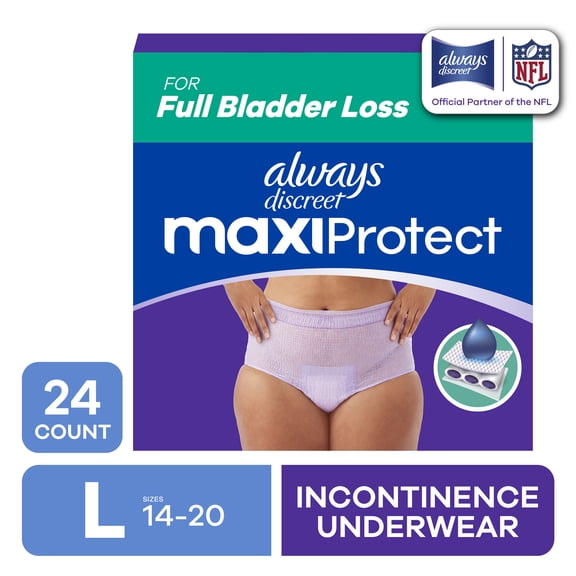 Always Discreet Adult Diapers for Women, MaxiProtect, Incontinence Underwear, Maximum Plus Absorbency, Size L, 24 Count