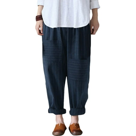 - ZANZEA Women's Cotton Linen Narrow Pocket Striped Pants