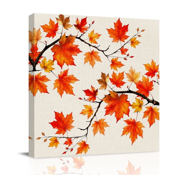 Canvas Wall Art, Thanksgiving Framed Canvas Prints for Living Room Bathroom, Fall Farmhouse Orange Maple Leaves Branches Gallery Wrapped Wall Decor for Home Office, Gifts, 12"x12" Ship Next Day