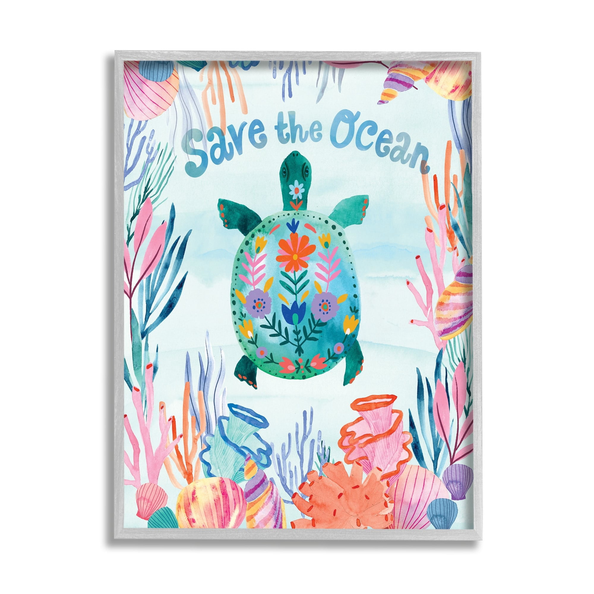 Stupell Industries Save The Ocean Sentiments Floral Pattern Tortoise,16 x 20,Designed by Corinne Lent