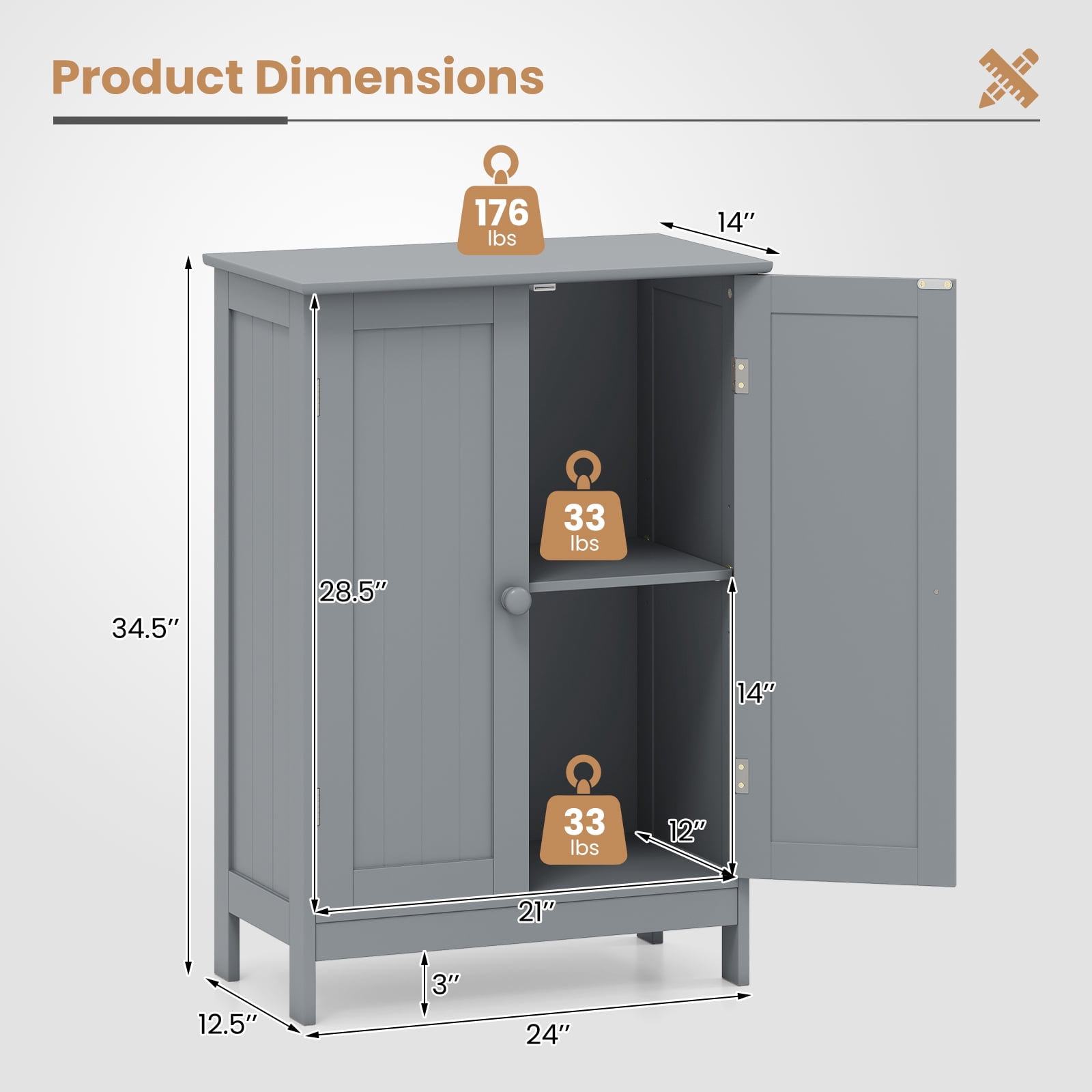 Giantex Bathroom Floor Cabinet, Wooden Freestanding Storage Cabinet with Double Doors, Suitable for Bathroom, Living Room, Bedroom, Entryway