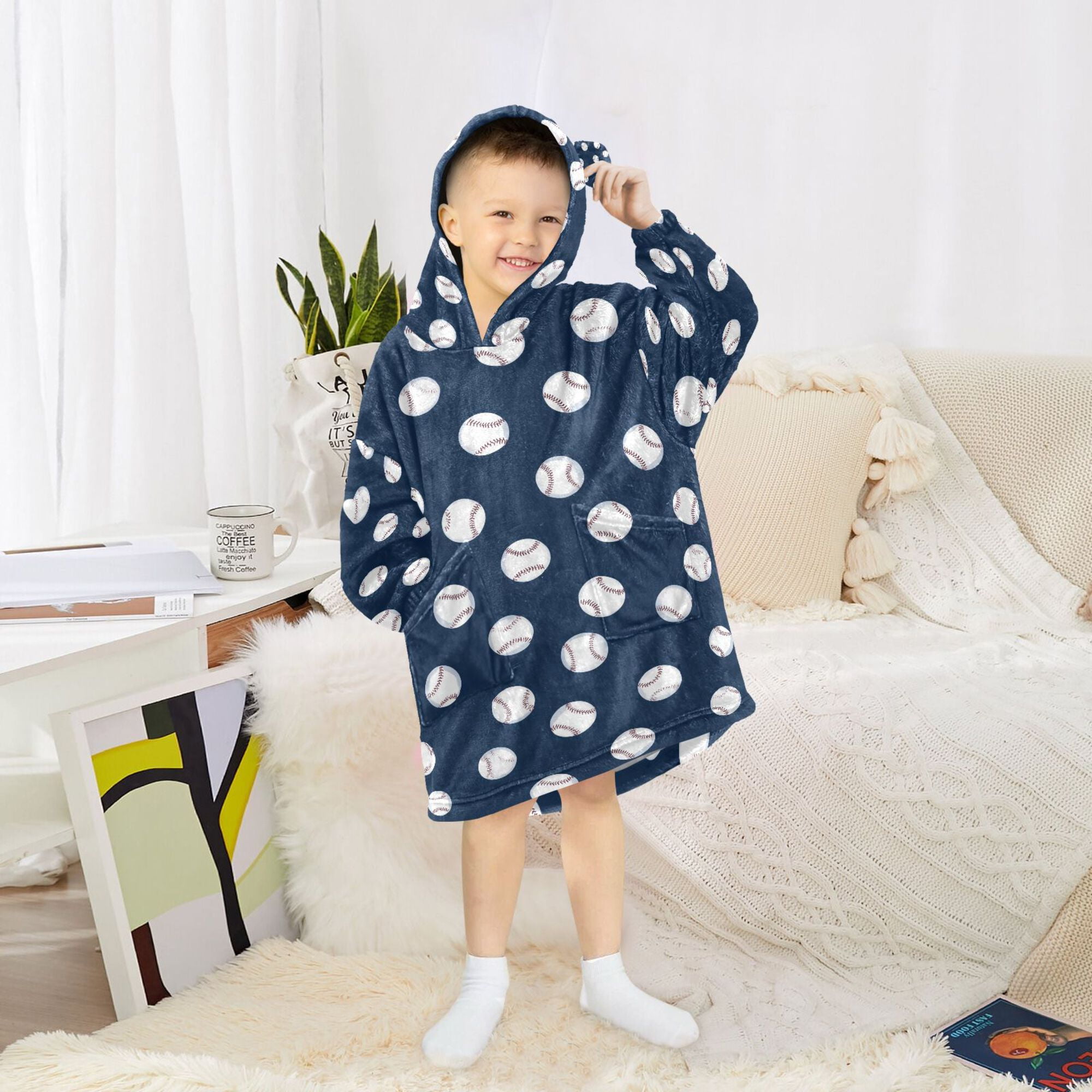 FORMRS Wearable Blanket Hoodie with Sleeves for Kids Cozy Flannel Sweatshirt, Navy Blue Baseball Pattern