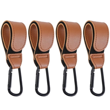 4 Pcs Leather Stroller Hook, Mommy Stroller Clip, Stroller Accessories Organizer Hook, Metal Hook for Strollers/Walkers/Mobility Scooter/Wheelchair/Rollator(Brown)