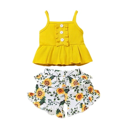 

Canrulo Toddler Baby Girls Ruffle Shorts Summer Outfits Set Strap Tank Tops and Floral Shorts Clothes Yellow 12-18 Months