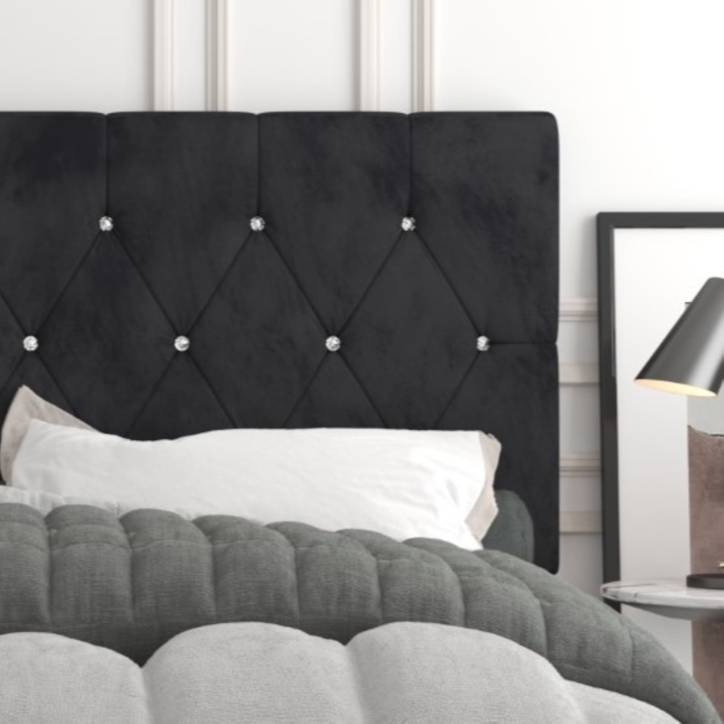 Home Design Samantha Twin Bed Frame with Foam-Filled Headboard and Gold-Tone Bracket Feet, Black, Easy Assembly