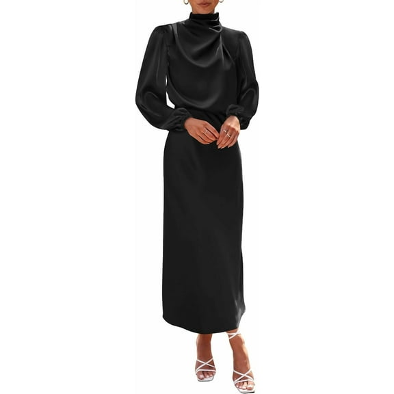 FreshPretty Womens Mock Neck Satin Dress Summer Spring Long Sleeve High Waist Wedding Party Maxi Formal Cocktail Dresses