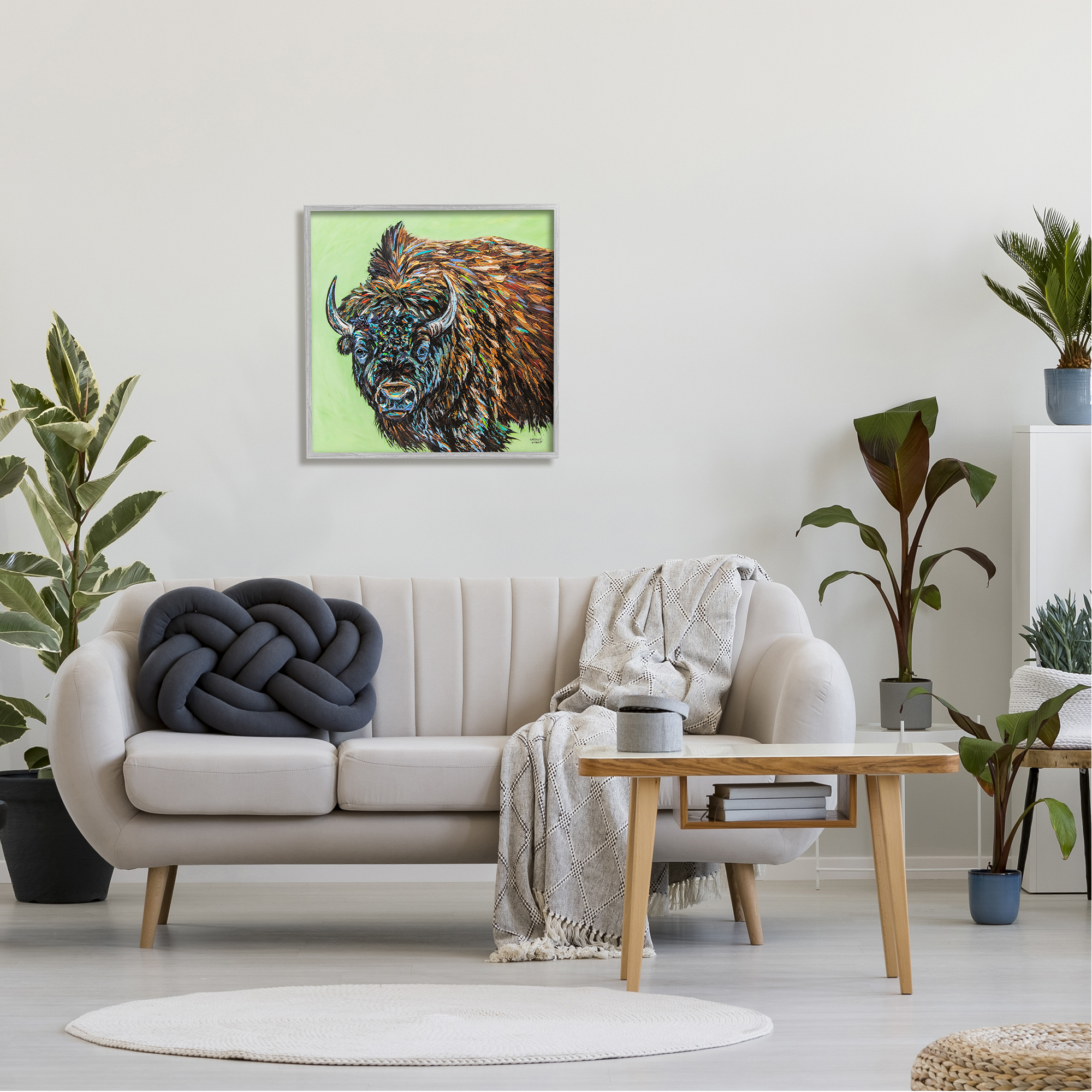 Stupell Industries Abstract Bison Painting Animals & Insects Painting Gray Framed Art Print Wall Art, 24 x 24
