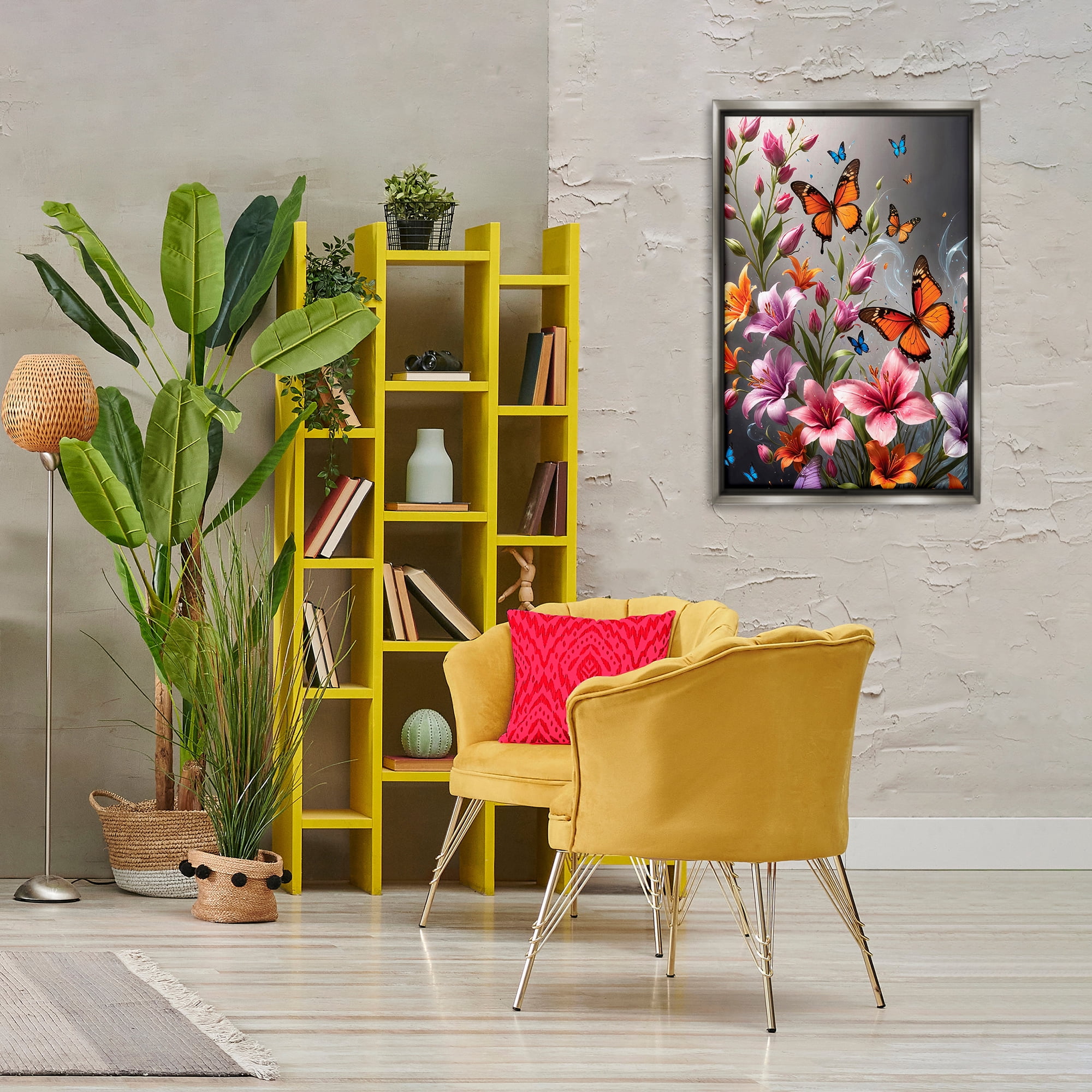 Stupell Industries Monarch Butterflies & Lilies Animals Painting Gray Floater Framed Canvas Art Print Wall Art, 21 x 31