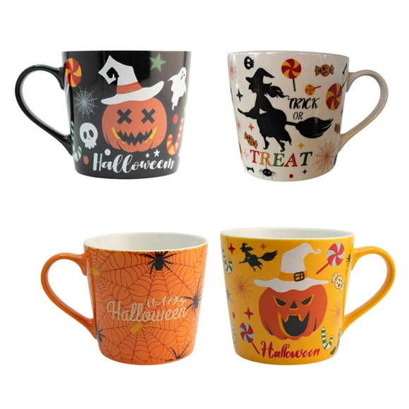 Set 4 Tazas de Porcelana con Diseño Halloween, Taza Decorativa para Bebidas Calientes, Distintos Colores, Capacidad 400 ml