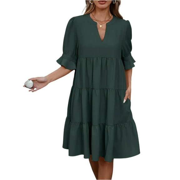 Casual Dresses For Women, V Neck Short Sleeves Boho Dress With Ruffle Hem Beach Vacation Wedding Guest Short Dress Women'S Sweater Maxi Dresses Seniors Womens Dress (L, Dark Green) ZMTing