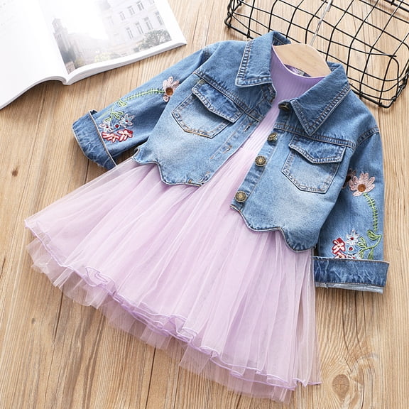 Spring Autumn Little Girls Denim Clothing Set 2pcs Child Kids Denim Jacket and Long Sleeve Dress,Purple,2Years
