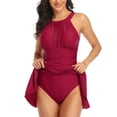 thumbnail image 7 of GEWSEY Women One Piece Swim Dress Tummy Control Swimdress Swimsuit Bathing Suit High Neck Mesh Swimwear (Red, M), 7 of 7