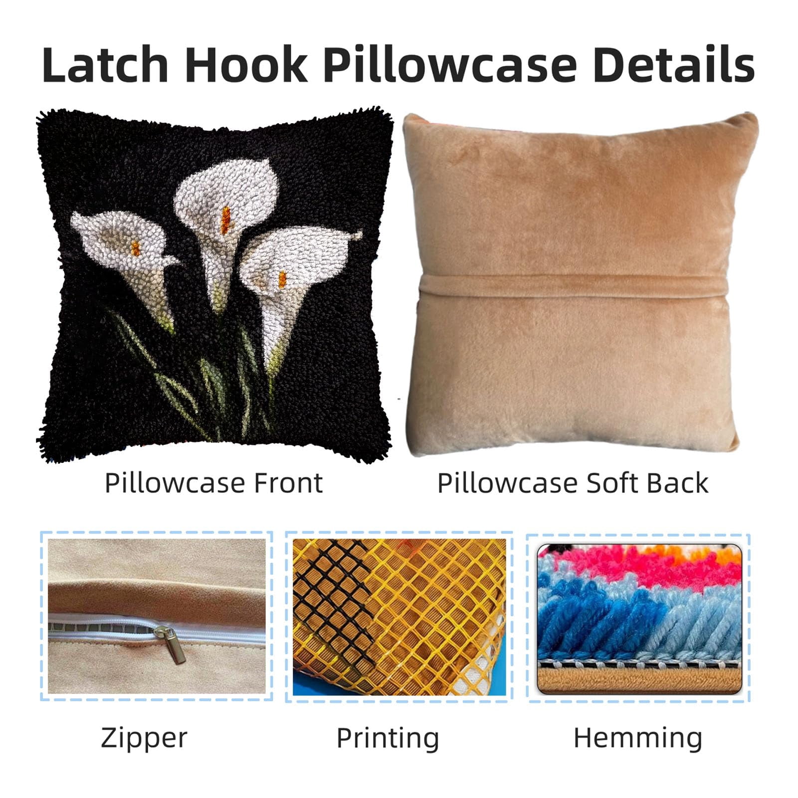 White Calla Lily Flower DIY Latch Hook Pillow Kits for Adults Printed Pillowcase Crochet Yarns Hooking Handmade Pillow Cover Cushion for Home Sofa Decoration 17x17inch
