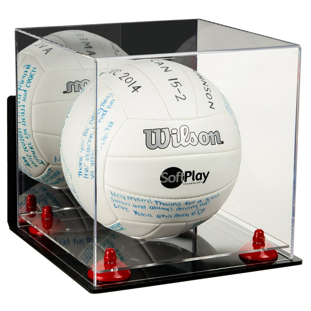 Deluxe Acrylic Volleyball Display Case with Mirror, Wall Mount, Red Risers and Clear Base (A027