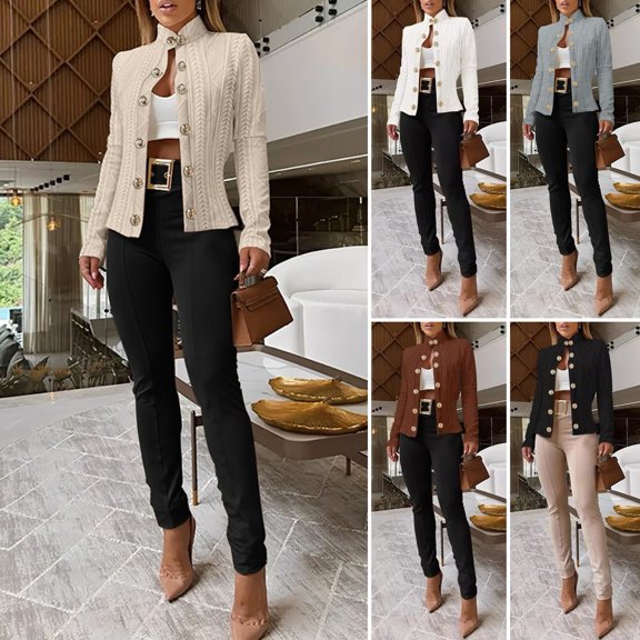 Joernso Women Jacket Slim Fit Stand Collar Long Sleeves Metal Buttons Jacquard Pure Color Outerwear Solid Color OL Commuting Dates Coat