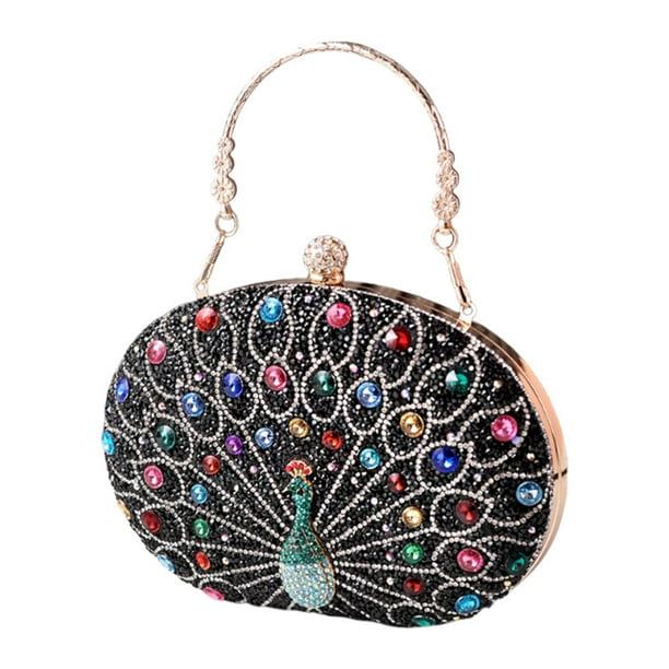 Bolso de mano con estampado de pavo real, ligero y moderno, para noche, viajes, bodas y bailes de graduación. Negro