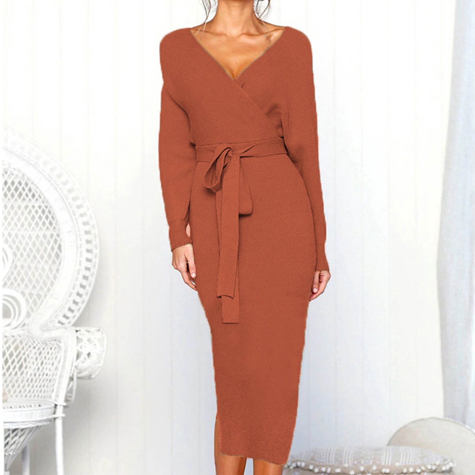 Knitted Sweater Wrap Midi Dress Womens Puff Long Sleeve V Neck Tie Waist Bodycon Split Pencil Dress with Belt (Small, Coffee)