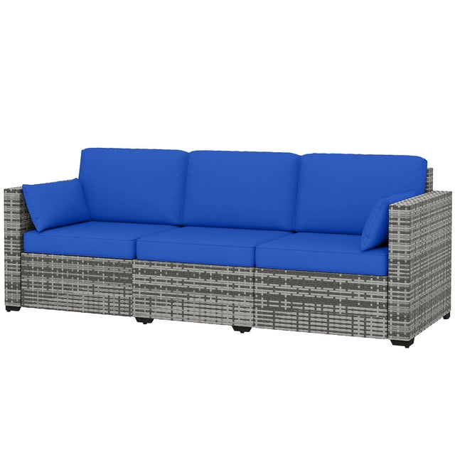 Blue 3-Seater PE Rattan Patio Sofa with Cushions | Outdoor Conversation Couch for Garden, Deck, Poolside & Terrace | Durable Steel Frame & Water-Resistant Design