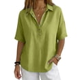 thumbnail image 4 of Fgvctg 3/4 Sleeve Women’s Cotton Linen Polo Shirt Casual Summer Top Thin Short Sleeve Button Down Shirts Blouses Green S, 4 of 7