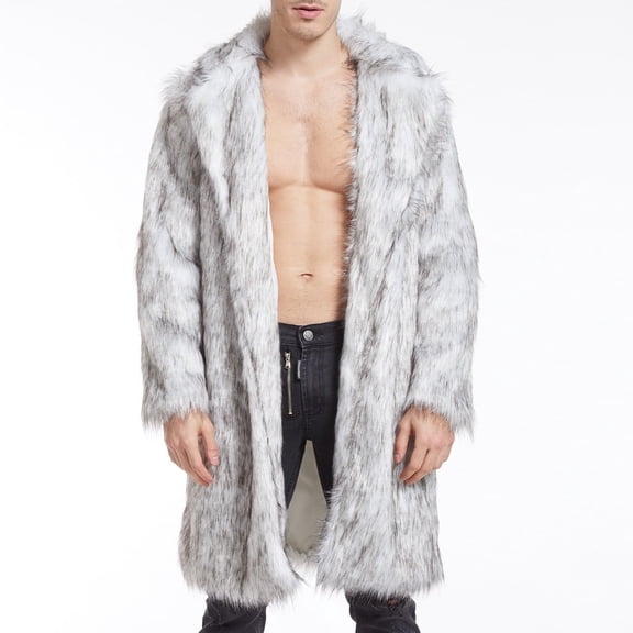 symoid Mens Coats and Jackets- Winter Faux Fox-Fur' Coat Turn-Down Collar Long Jackets Warm OverCoat Gray S