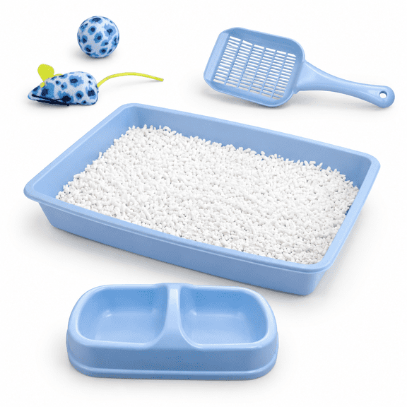 Blue Small Kitten Starter Kit Litter Box Set With Scoop, Double Bowl, And Cat Toys