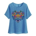 thumbnail image 3 of Feancey Womens Beach Tops Summer Casual Cotton Linen Blouse Boho Floral Printed T-Shirts Loose Fit Short Sleeve Crewneck Tee Vacation Tshirt Summer Savings 2025 Blue L, 3 of 5