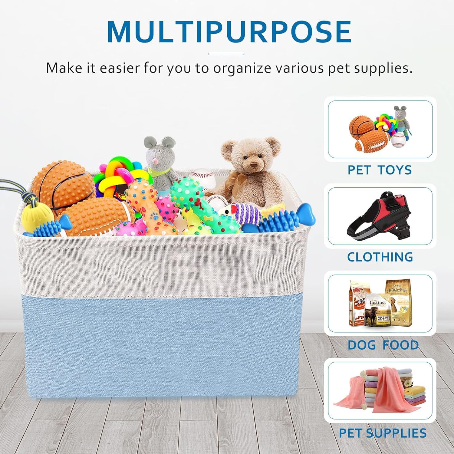 Linen Closet Collapsible Storage Basket Bin for Shelves, Fabric Rectangle Organizers with Handles for Home,Nursery,Clothes, Toys,Books, Laundry-Blue