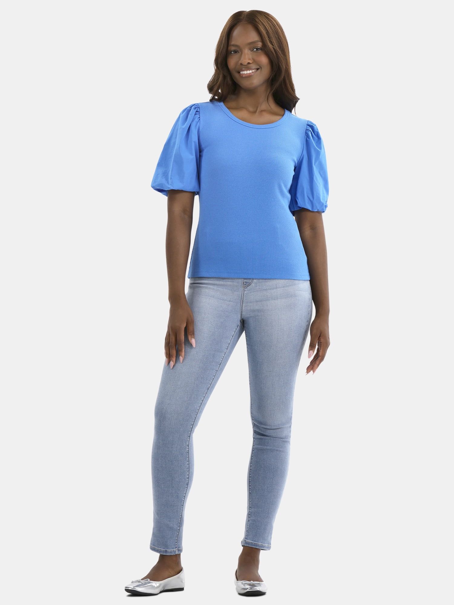 Time and Tru Women's Mixed Media Top with Puff Sleeves, Sizes XS-XXXL