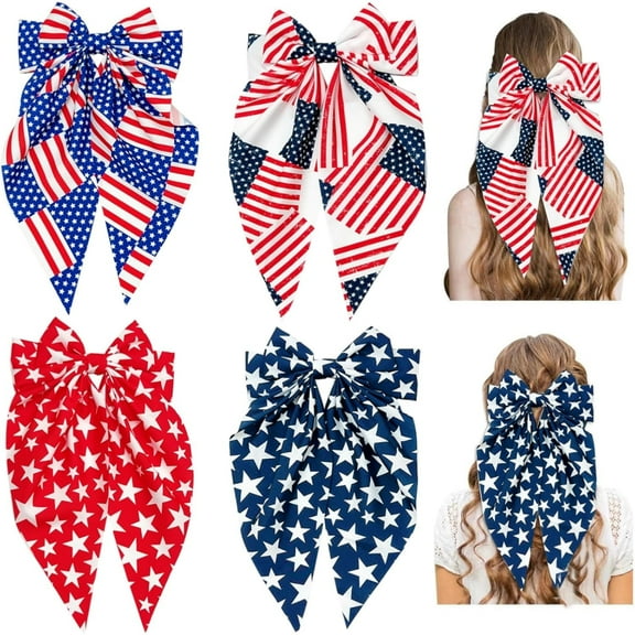 4th of July Hair Bows for Women,Big Ribbon Bow Hair Clips for Girls, Oversized Long Tail Hair Barrettes Cute Hair Accessories (Red Blue White)