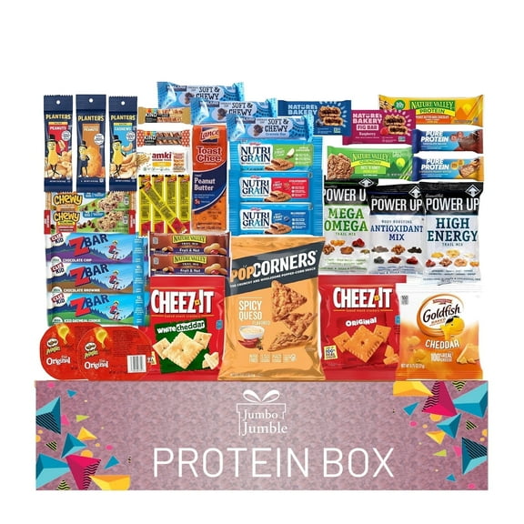 Jumbo Jumble Snack Box (40 Count) Gift Care Package Protein Snacks Variety Pack for Adults Teens Kids Men Women College Office Birthday (Protein Set)