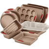 Rachael Ray 52386 Cucina Nonstick Bakeware Set with Grips includes Nonstick Cake Pans, Cookie Sheet / Baking Sheet and Muffin Pan / Cupcake Pan - 4 Piece, Latte Brown with Cranberry Red Ha