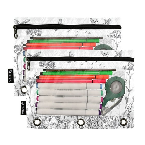 2 Pack Pencil Pouch for 3 Ring Binder Smooth Zipper Folders with Pockets Clear Window Pencil Case Yarrow and Daisy Wildflowers
