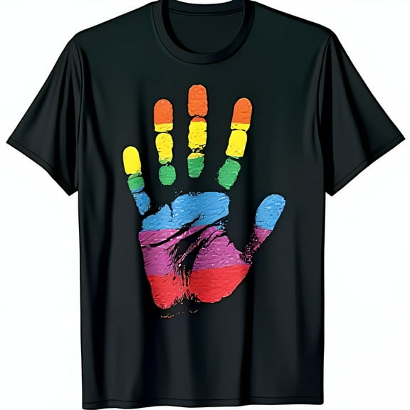 Vibrant Rainbow Handprint Graphic on Black T-Shirt Wear