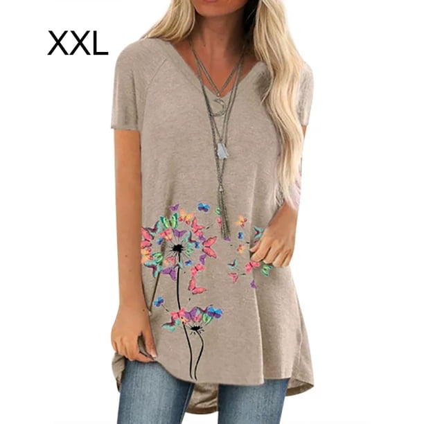 Camiseta con cuello en V, suelta, manga corta, blusa, estampado de mujer, camiseta de verano, albaricoque, XXL Advancent AP002392-15