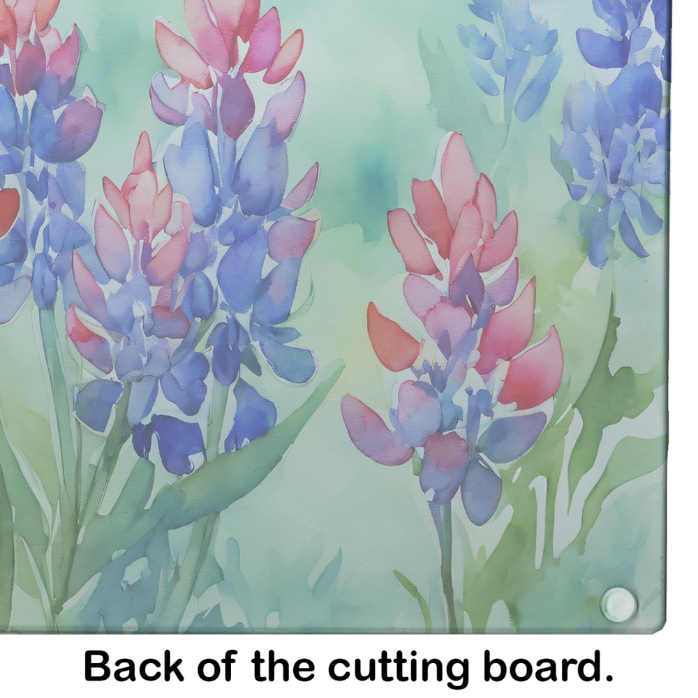 Texas Bluebonnets in Watercolor Glass Cutting Board Large 12 in x 15 in