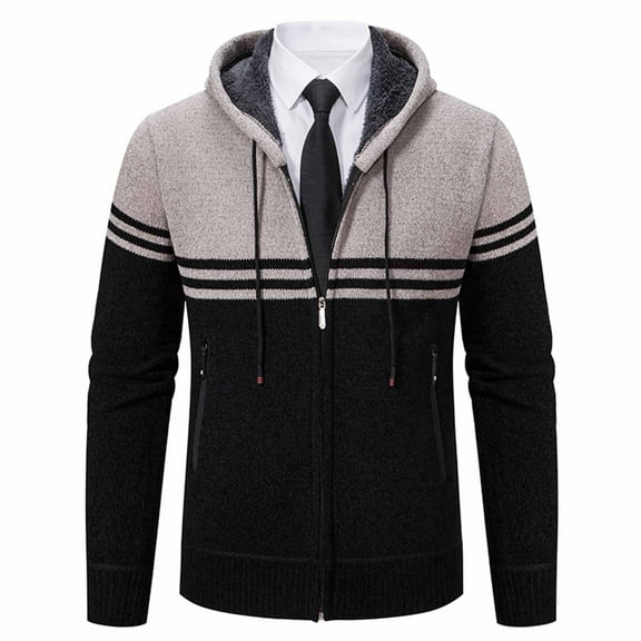 ZCFZJW Men's Zip Up Hoodies Casual Drawstring Striped Color Block Long Sleeve Full Zipper Sherpa Fleece Lined Knit Cardigan Sweater Trendy Slim Fit Outwear Jacket with Pockets Black L
