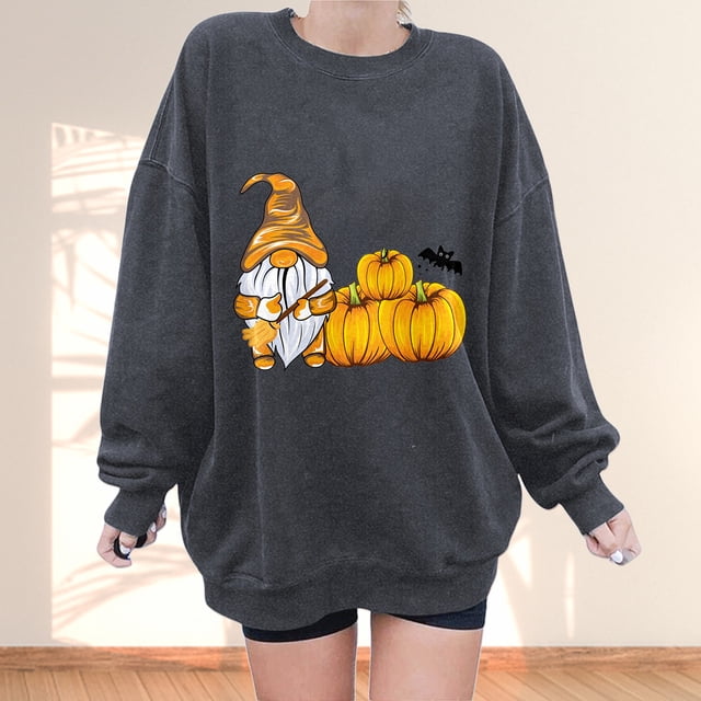Chandails à Capuchon de Mode pour Femmes 2023 Mode Automne Hiver Imprimé Nain Citrouille Décontracté Sports Col Rond Survêtements Manches Longues 50 % de Réduction Liquidation Costumes Halloween/noël