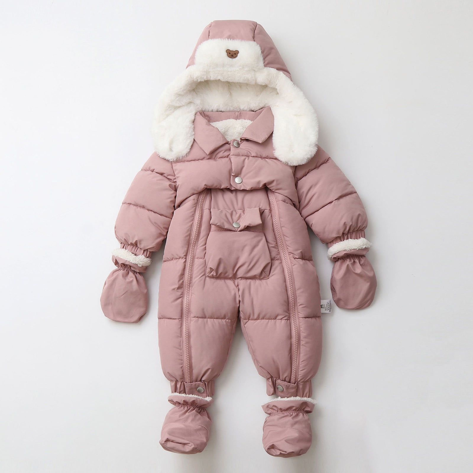 Winter Warm Bodysuit Solid Cute Bear Hooded Puffer Romper Boys Girls Snowsuit One Piece Jumpsuit