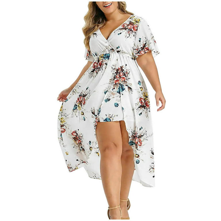 QUYUON Wrap Dress for Women Plus Size V-Neck Short Sleeve Long Maxi Dresses  Front High Split Floral Printed Casual Loose Pleated A-Line Evening Party  Cocktail Long Dress Beach Sundress, White 3XL 