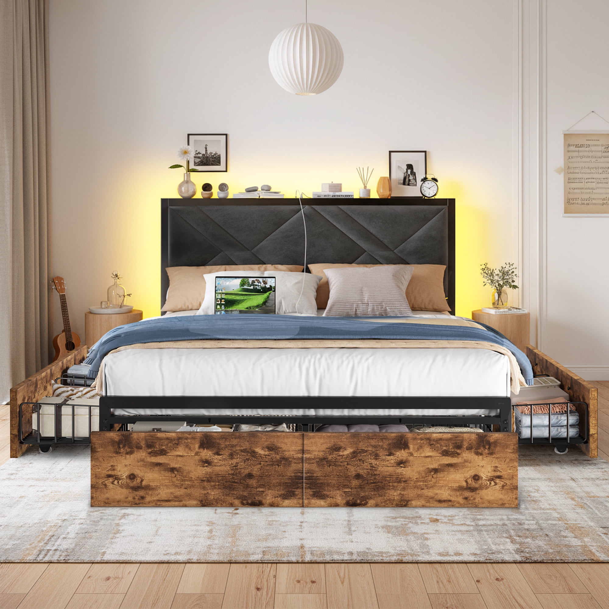EnHomee Metal Bed Frame with 6 Storage Drawers Upholstered Platform Bed Frame  Full with LED lights & Charging Station,Vintage Brown