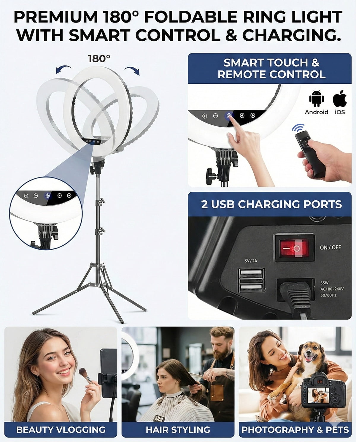 21” LED Ring Light with Tripod Stand, Remote & Phone/Camera Mount, 55W Smart Touch Dimmable 3000K–6000K for TikTok, YouTube, Makeup & Photography