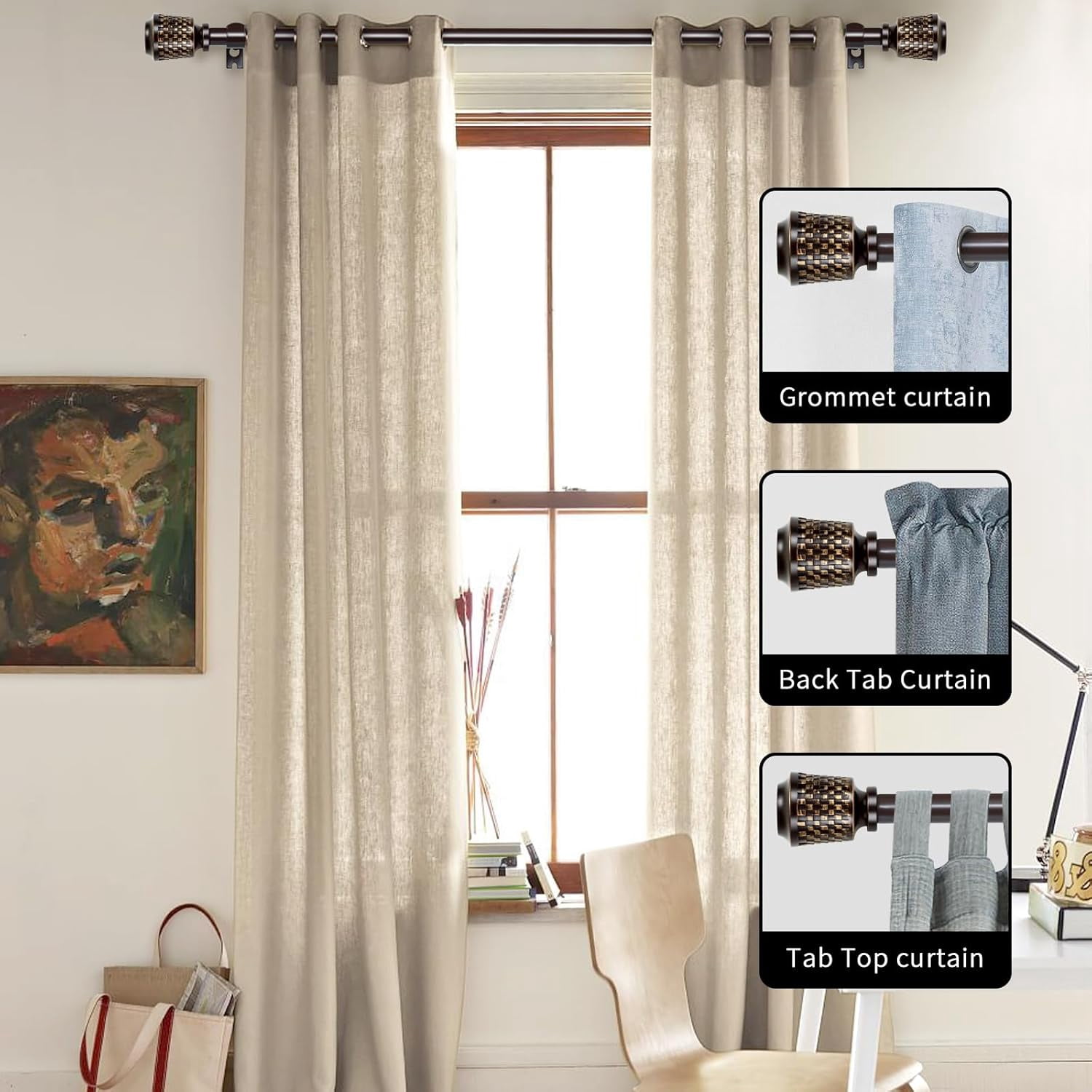eTeckram 5/8" Single Curtain Rod with Vieve Finials,Bronze Gold,84‘’-120‘’