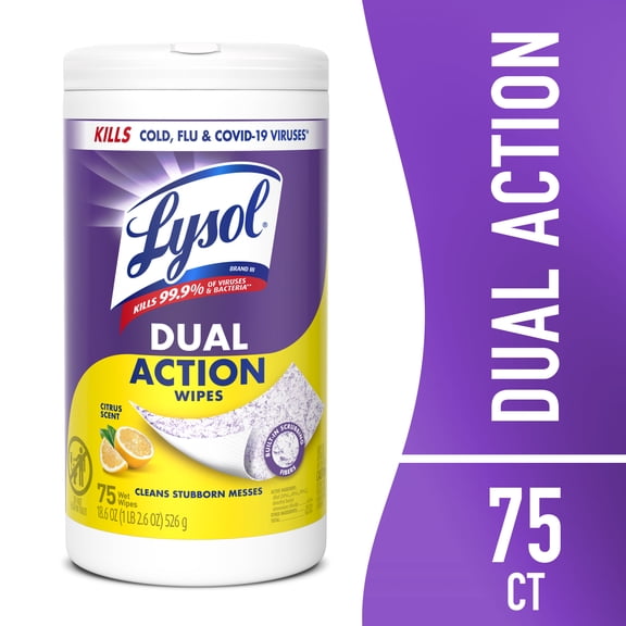 Lysol Dual Action Disinfectant Wipes, Multi-Surface Antibacterial Scrubbing Wipes, For Disinfecting and Cleaning, Citrus Scent, 75 Count