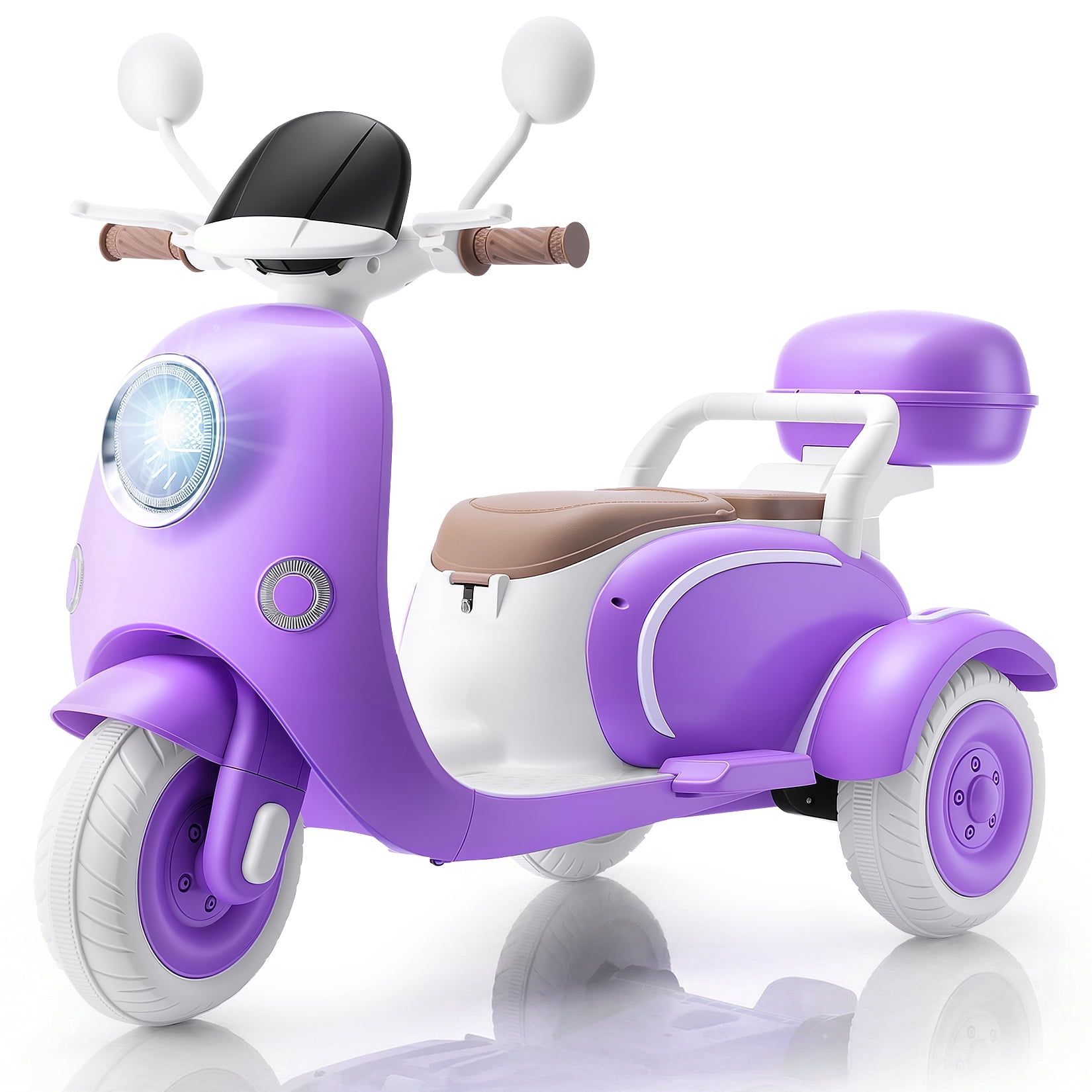 Funcid 12V Ride on Motorcycle with 3 Wheels, 2 Seater Kids Motorcycle with Storage Compartments, 2WD Electric Bike for Toddlers, Stable Structure, Cute Design, Music, LED Lights, Purple