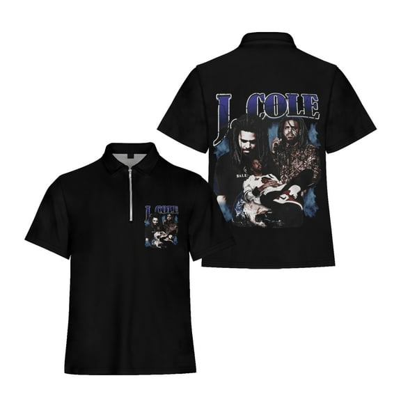 J Cole Rapper Flip collar T-shirt Fit Zipper Tee Shirt Harajuku Man/Woman Black Short Sleeved